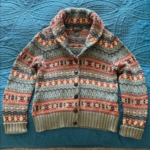 Eddie Bauer Cotton and Merino Wool Knitted Cardigan, Multicolor Patterned, M